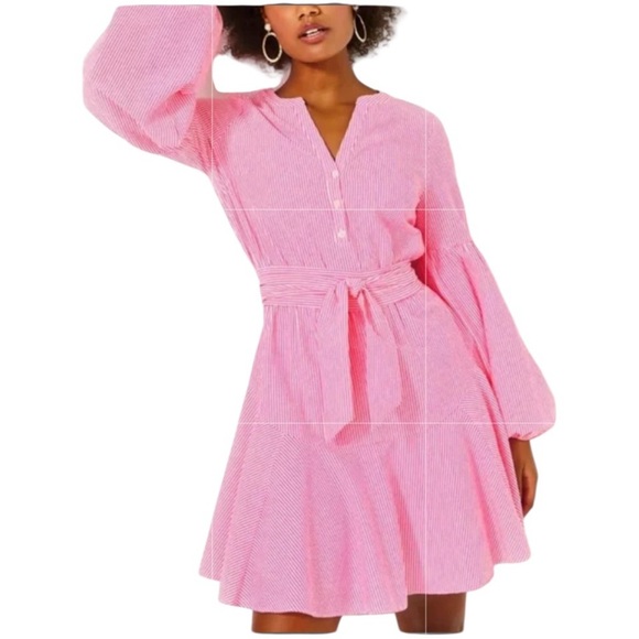 Lilly Pulitzer Dresses & Skirts - Lilly Pulitzer Carla Dress Long Puff Sleeve Pink Striped Roxie Shirt Dress SZ 16